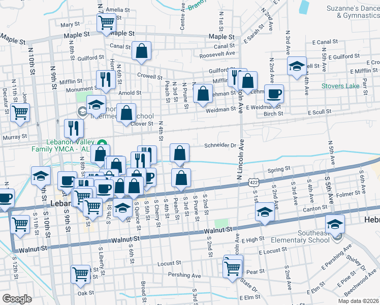 map of restaurants, bars, coffee shops, grocery stores, and more near 200 Schneider Drive in Lebanon