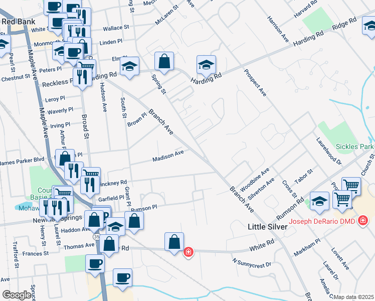map of restaurants, bars, coffee shops, grocery stores, and more near 213 Branch Avenue in Red Bank