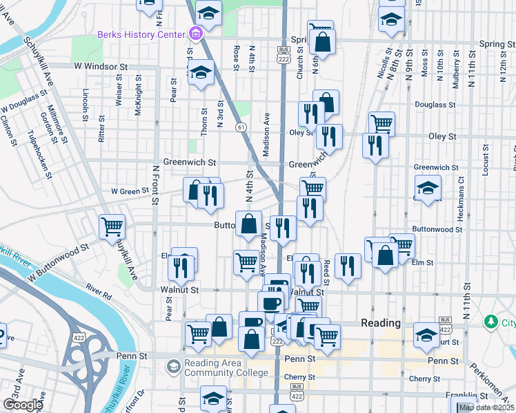 map of restaurants, bars, coffee shops, grocery stores, and more near 433 Woodward Street in Reading