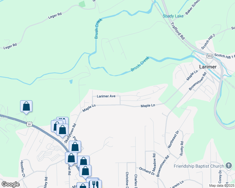 map of restaurants, bars, coffee shops, grocery stores, and more near 12407 Larimer Avenue in Irwin