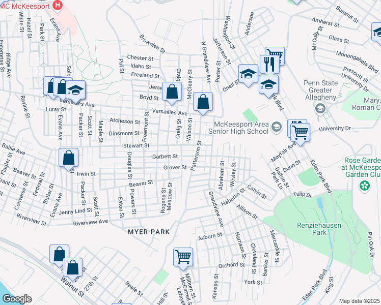 map of restaurants, bars, coffee shops, grocery stores, and more near 3301 Garbett Street in McKeesport