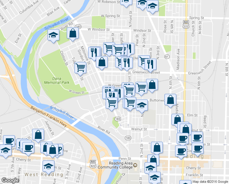 map of restaurants, bars, coffee shops, grocery stores, and more near 437 Rosenthal Street in Reading