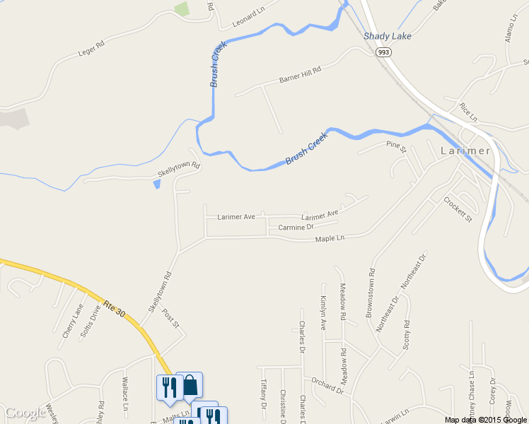 map of restaurants, bars, coffee shops, grocery stores, and more near 12407 Larimer Avenue in Irwin