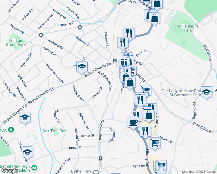 map of restaurants, bars, coffee shops, grocery stores, and more near 2543 North Lightwood Avenue in Bethel Park