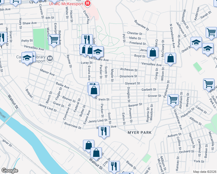 map of restaurants, bars, coffee shops, grocery stores, and more near 1509 Scott Street in McKeesport