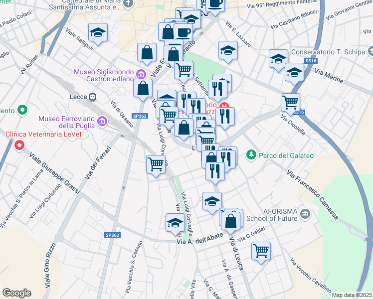 map of restaurants, bars, coffee shops, grocery stores, and more near 7-9 Via Abruzzi in Lecce