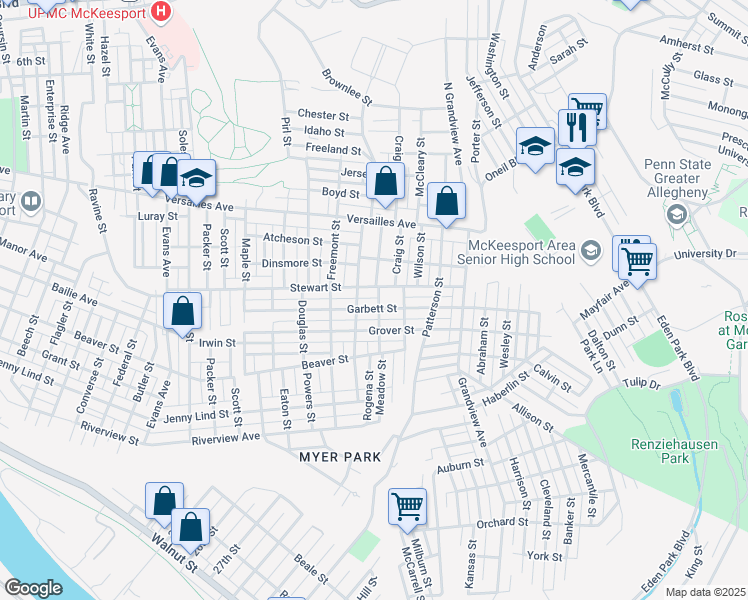 map of restaurants, bars, coffee shops, grocery stores, and more near 1510 Meadow Street in McKeesport