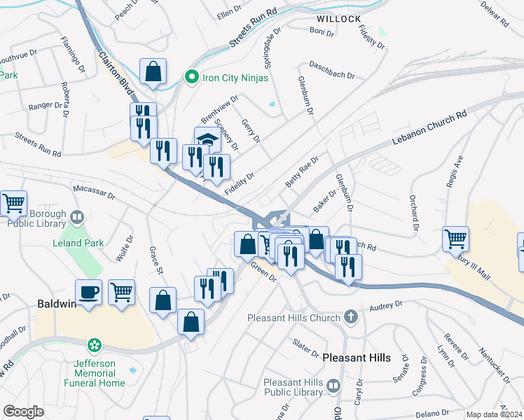map of restaurants, bars, coffee shops, grocery stores, and more near 51 Pennsylvania 51 in Pittsburgh
