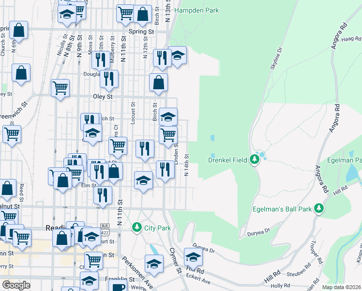 map of restaurants, bars, coffee shops, grocery stores, and more near 1348 Green Street in Reading