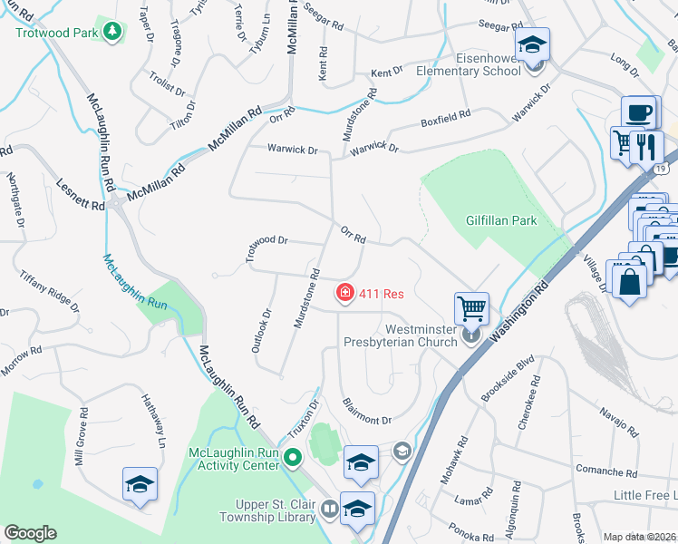 map of restaurants, bars, coffee shops, grocery stores, and more near 222 Trotwood Drive in Pittsburgh