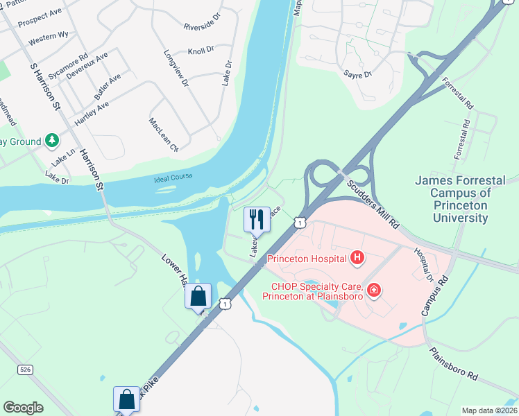 map of restaurants, bars, coffee shops, grocery stores, and more near 502 Lakeview Terrace in Princeton