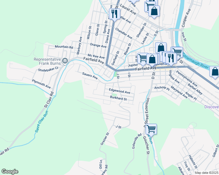 map of restaurants, bars, coffee shops, grocery stores, and more near 124-198 Ford Street in Johnstown