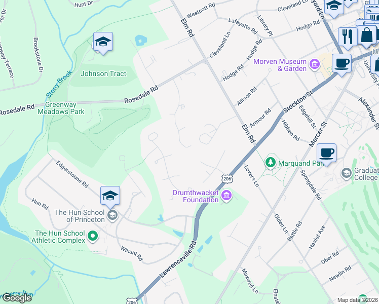 map of restaurants, bars, coffee shops, grocery stores, and more near 19 Constitution Hill West in Princeton