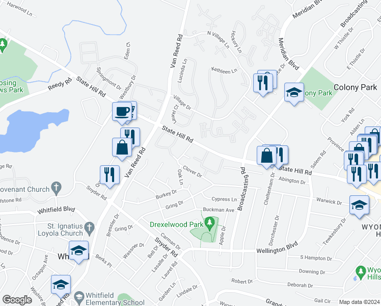map of restaurants, bars, coffee shops, grocery stores, and more near 2015 Franklin Place in Reading
