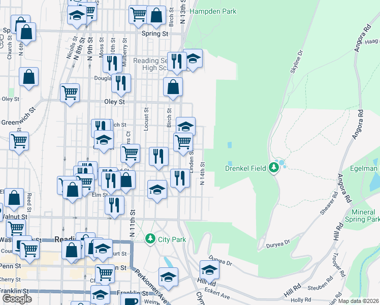map of restaurants, bars, coffee shops, grocery stores, and more near 1348 Green Street in Reading