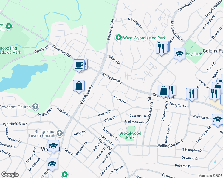 map of restaurants, bars, coffee shops, grocery stores, and more near 2034 Franklin Place in Wyomissing