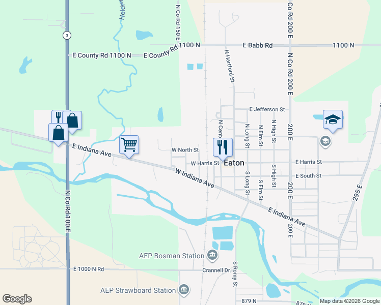map of restaurants, bars, coffee shops, grocery stores, and more near 311 West North Street in Eaton