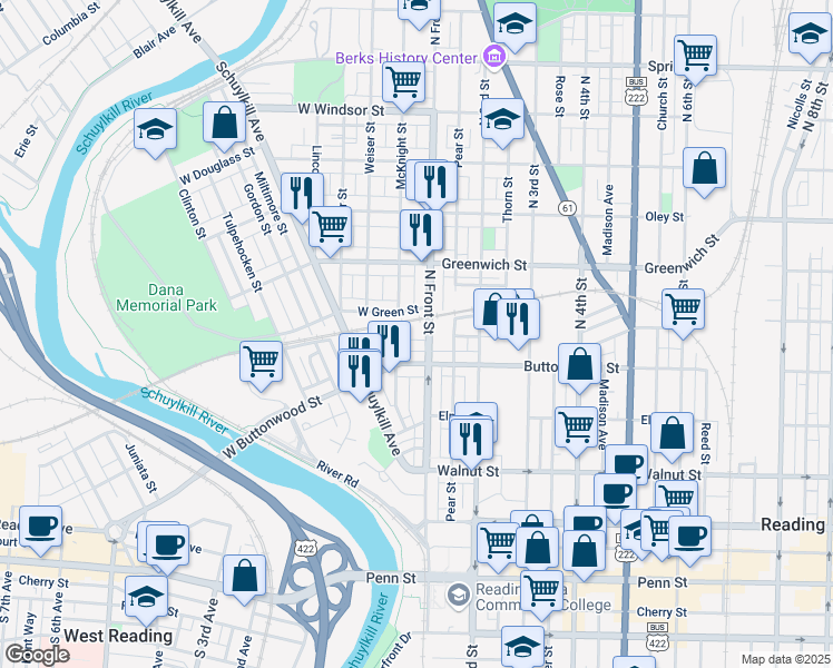 map of restaurants, bars, coffee shops, grocery stores, and more near 115 Schiller Street in Reading