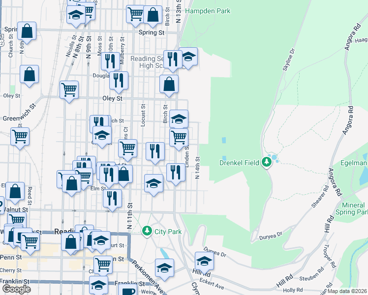 map of restaurants, bars, coffee shops, grocery stores, and more near 457 North 13th Street in Reading