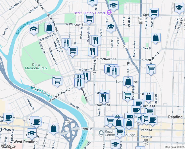 map of restaurants, bars, coffee shops, grocery stores, and more near 111 Schiller Street in Reading