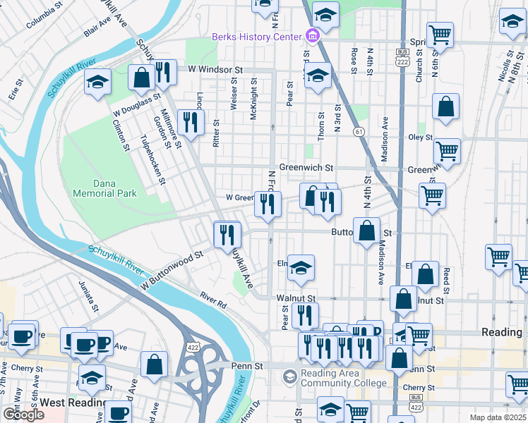map of restaurants, bars, coffee shops, grocery stores, and more near 115 Schiller Street in Reading