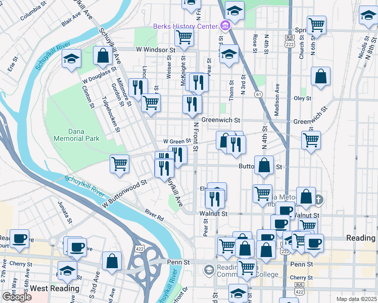 map of restaurants, bars, coffee shops, grocery stores, and more near 119 Schiller Street in Reading