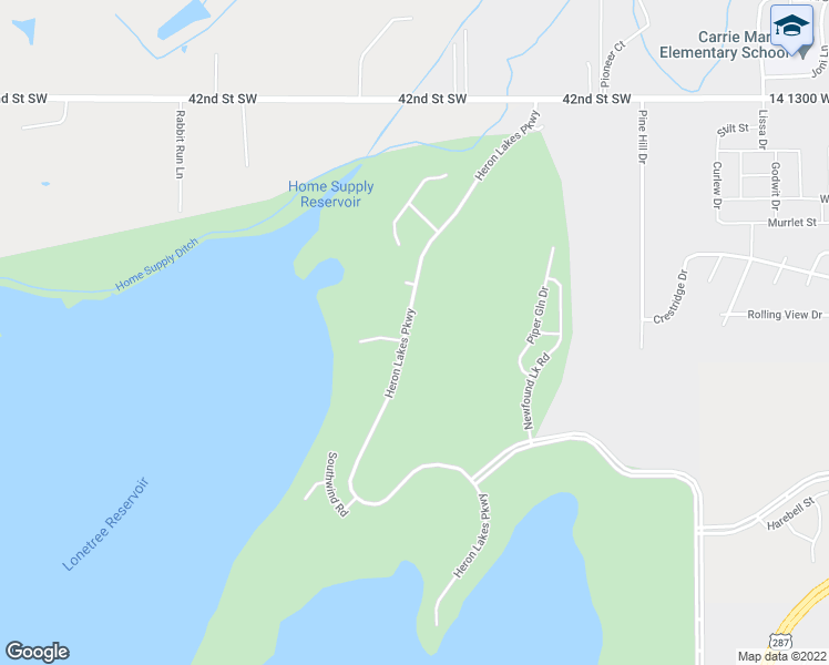 map of restaurants, bars, coffee shops, grocery stores, and more near 3058 Heron Lakes Parkway in Berthoud