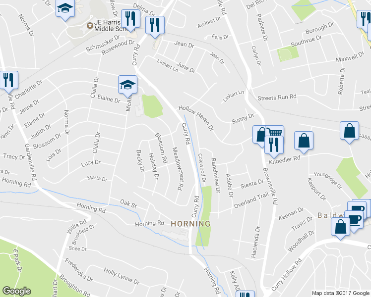 map of restaurants, bars, coffee shops, grocery stores, and more near 5252 Curry Road in Pittsburgh