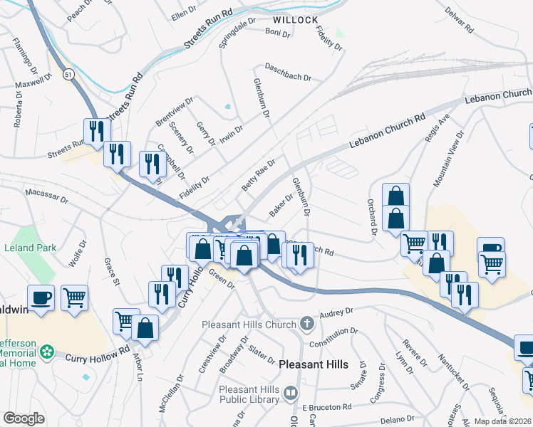 map of restaurants, bars, coffee shops, grocery stores, and more near 109 Baker Drive in Pleasant Hills
