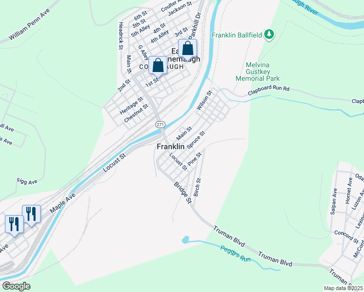 map of restaurants, bars, coffee shops, grocery stores, and more near 135 Hill Drive in Johnstown