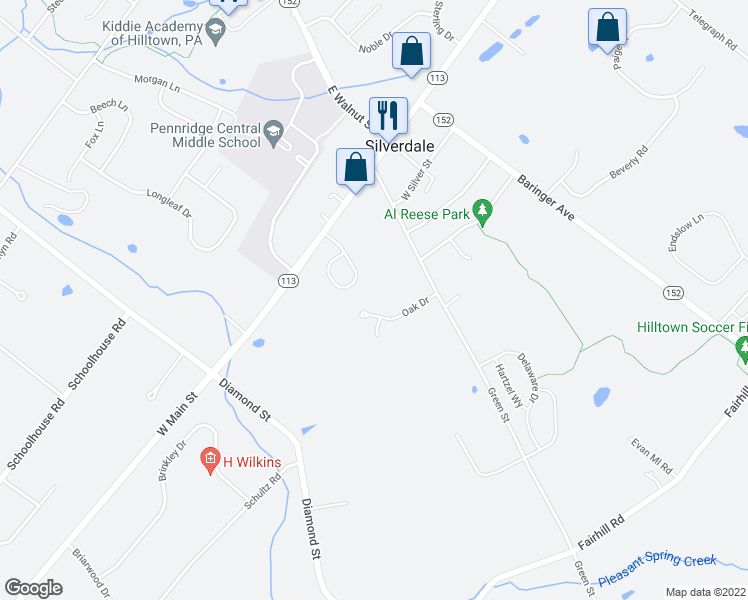 map of restaurants, bars, coffee shops, grocery stores, and more near 117 Oak Drive in Sellersville