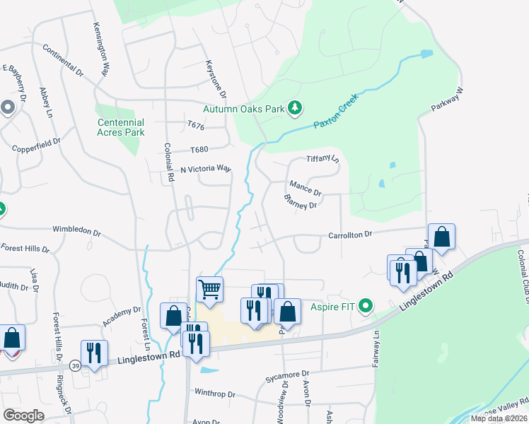 map of restaurants, bars, coffee shops, grocery stores, and more near 2525 Patton Road in Harrisburg