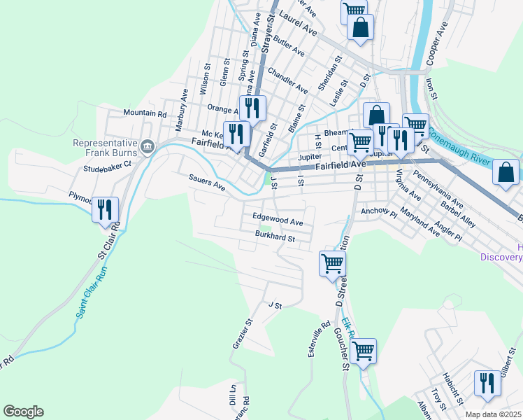 map of restaurants, bars, coffee shops, grocery stores, and more near 198 Ford Street in Johnstown