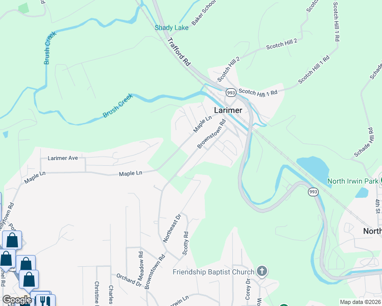 map of restaurants, bars, coffee shops, grocery stores, and more near 1050 Brownstown Road in Larimer