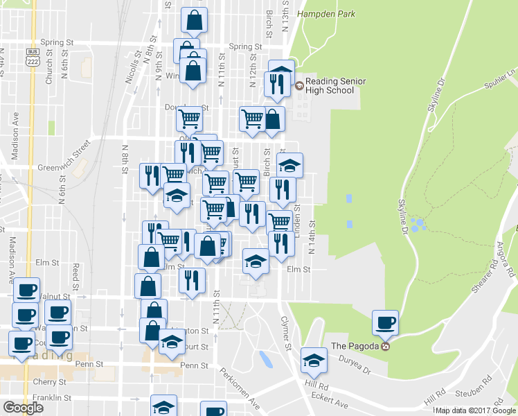 map of restaurants, bars, coffee shops, grocery stores, and more near 1210 Green St in Reading