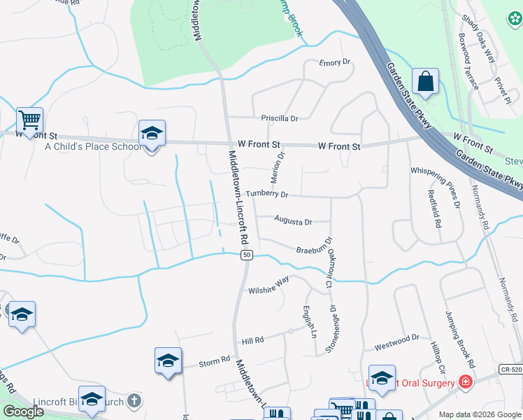 map of restaurants, bars, coffee shops, grocery stores, and more near 101 Augusta Drive in Middletown Township
