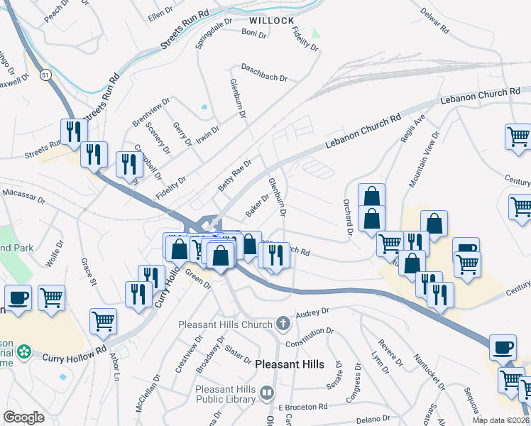 map of restaurants, bars, coffee shops, grocery stores, and more near 141 Pleasant Hills Blvd in Pittsburgh