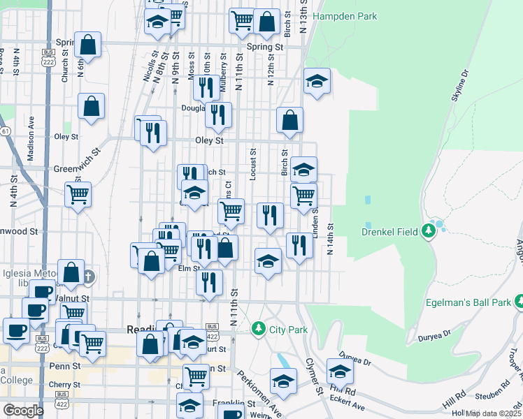 map of restaurants, bars, coffee shops, grocery stores, and more near 1130 Green Street in Reading