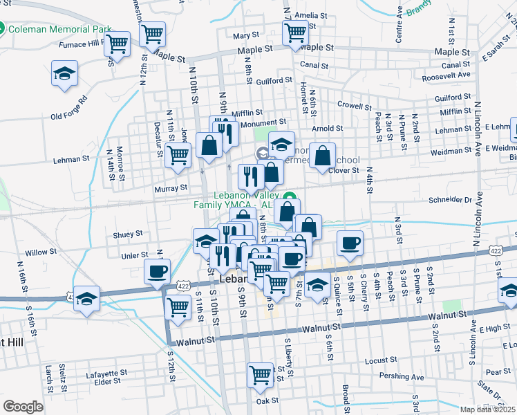 map of restaurants, bars, coffee shops, grocery stores, and more near 205 C&L Street in Lebanon