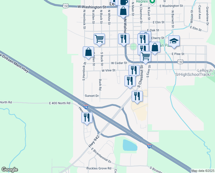map of restaurants, bars, coffee shops, grocery stores, and more near 6 Independence Court in Le Roy