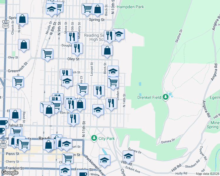 map of restaurants, bars, coffee shops, grocery stores, and more near 457 North 13th Street in Reading