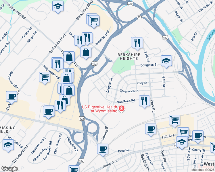 map of restaurants, bars, coffee shops, grocery stores, and more near 801 North 9th Street in Wyomissing