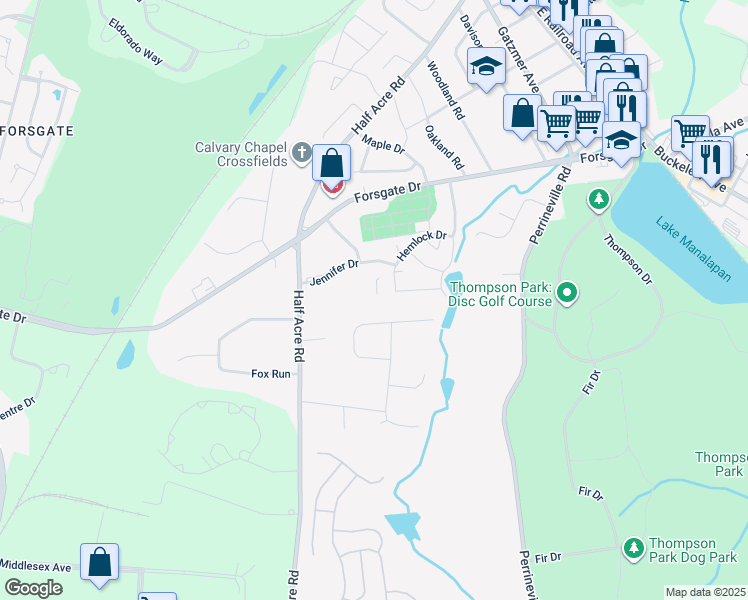 map of restaurants, bars, coffee shops, grocery stores, and more near 45 Brookview Circle in Jamesburg