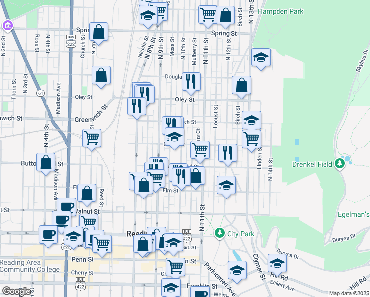 map of restaurants, bars, coffee shops, grocery stores, and more near 435 North 10th Street in Reading