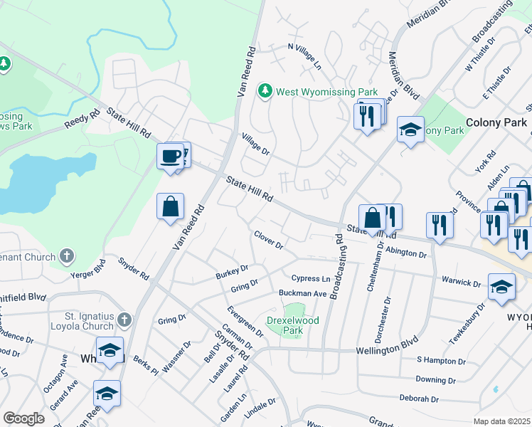 map of restaurants, bars, coffee shops, grocery stores, and more near 2015 Franklin Place in Reading