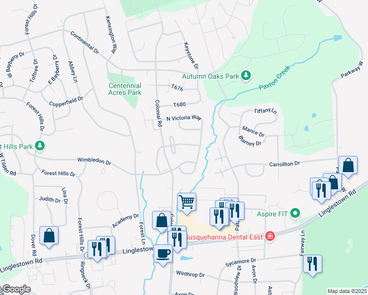 map of restaurants, bars, coffee shops, grocery stores, and more near 4321 Outerbridge Crossing in Harrisburg