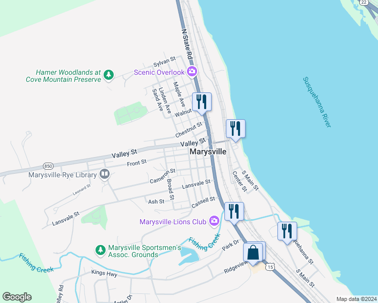 map of restaurants, bars, coffee shops, grocery stores, and more near 313 Front Street in Marysville