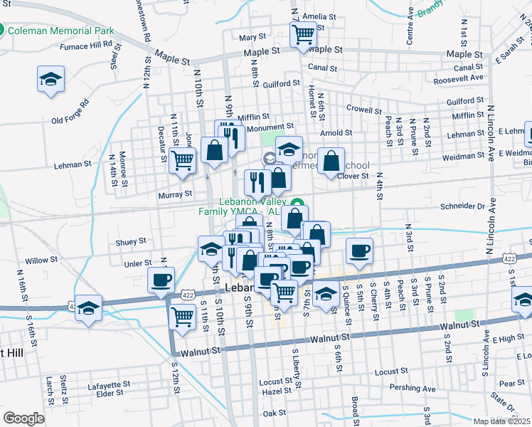 map of restaurants, bars, coffee shops, grocery stores, and more near 205 North 8th Street in Lebanon
