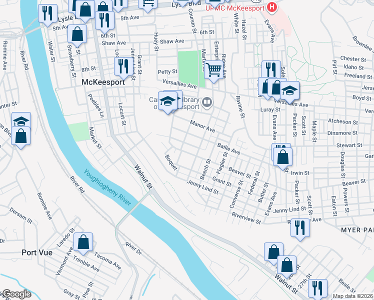 map of restaurants, bars, coffee shops, grocery stores, and more near 1509 Beaver St in McKeesport