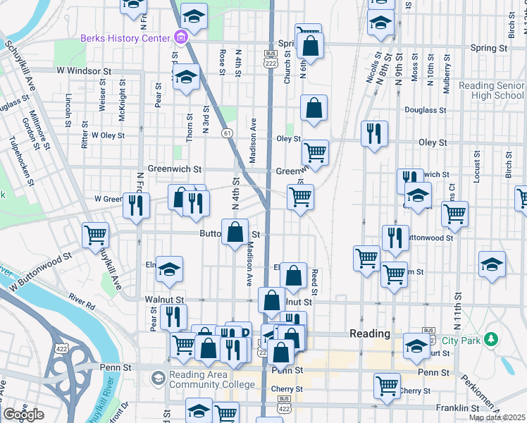 map of restaurants, bars, coffee shops, grocery stores, and more near Woodward Street in Reading